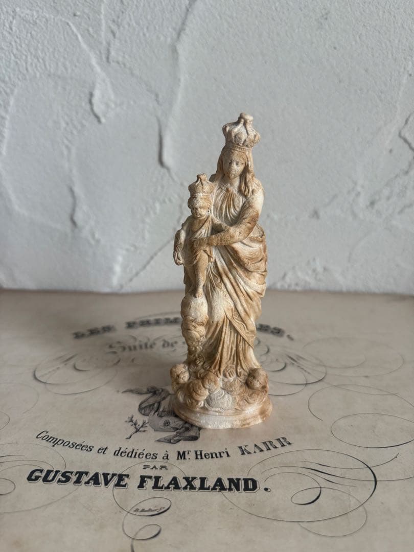 フランスアンティーク　小さなイエスキリスト&聖母マリア像 彫刻 全長14cm