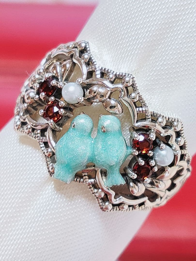 未使用品 碌山 青い鳥 ガーネット ベビー真珠 シルバー リング