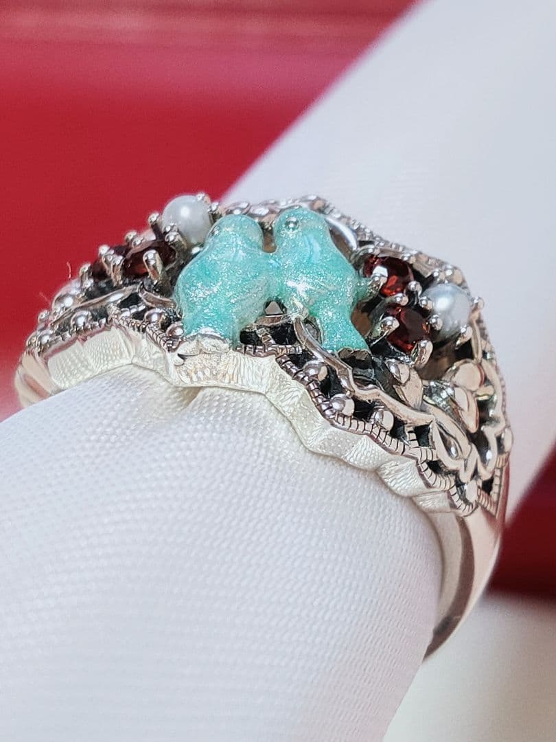 未使用品 碌山 青い鳥 ガーネット ベビー真珠 シルバー リング