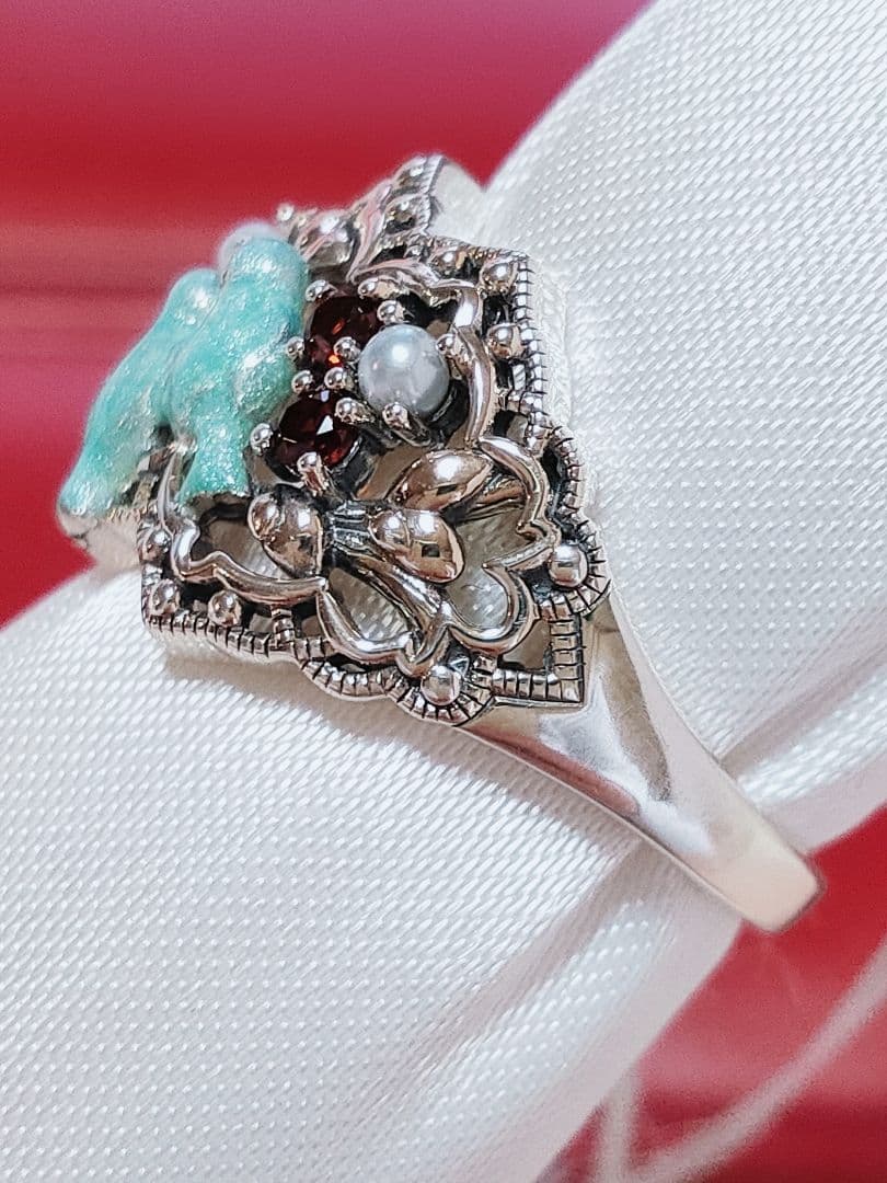 未使用品 碌山 青い鳥 ガーネット ベビー真珠 シルバー リング