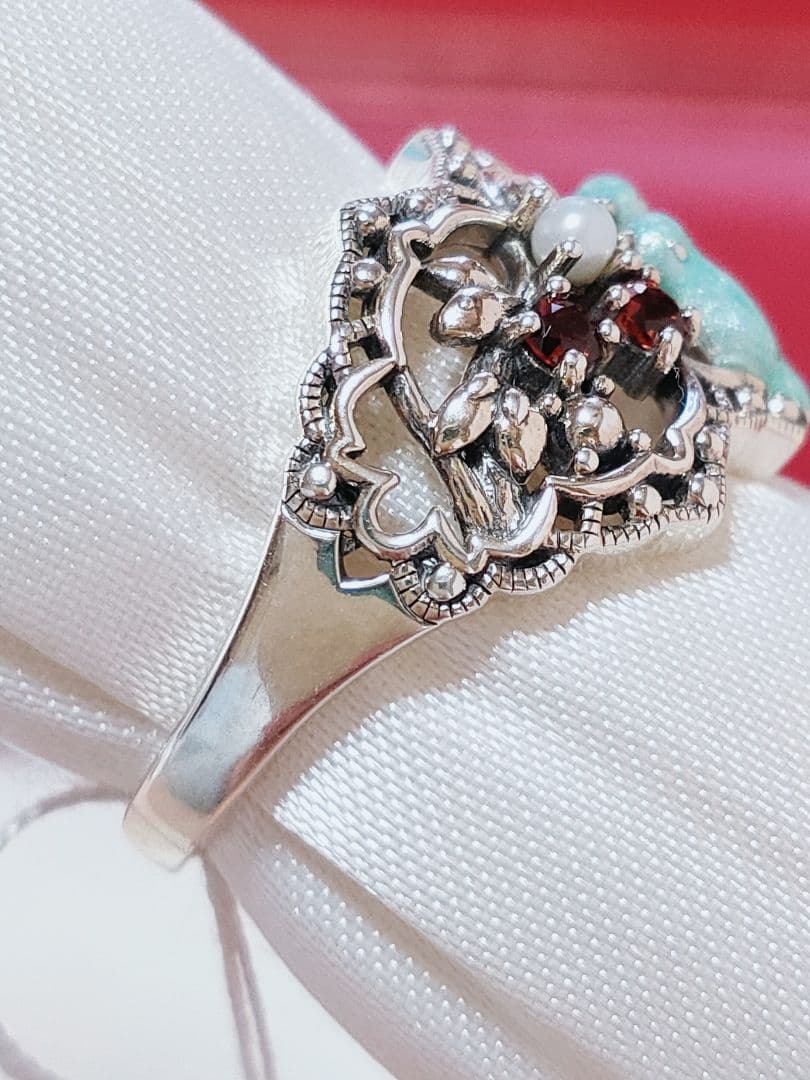 未使用品 碌山 青い鳥 ガーネット ベビー真珠 シルバー リング