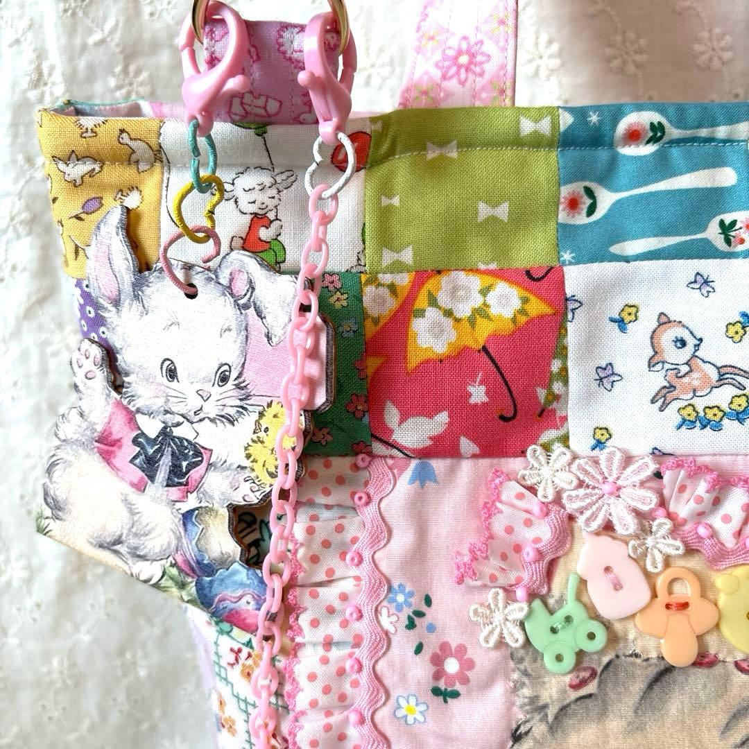 サーティーズ復刻版パッチワークトートバッグ ショルダー紐、ミニポーチ付き