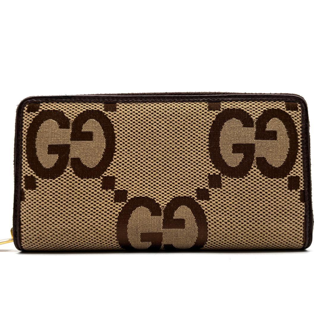 未使用に近い グッチ 長財布 ジャンボGG ラウンドジップ ユニセックス 茶