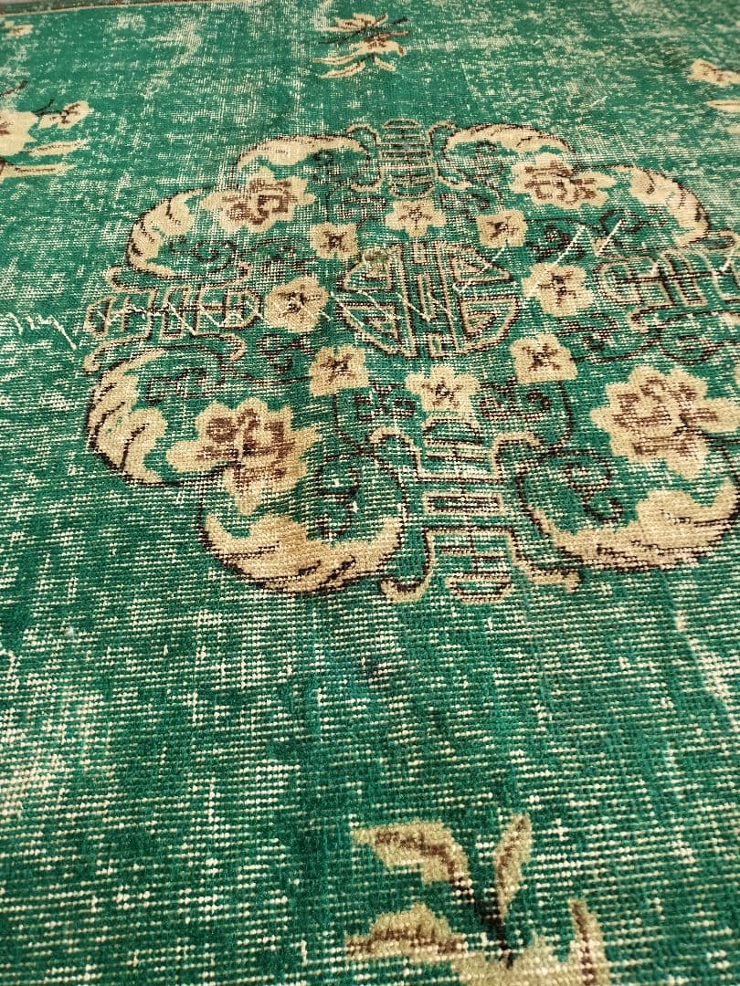 超大判/エメラルドグリーンのシノワズリラグ　トリコヴィンテージラグ　No586