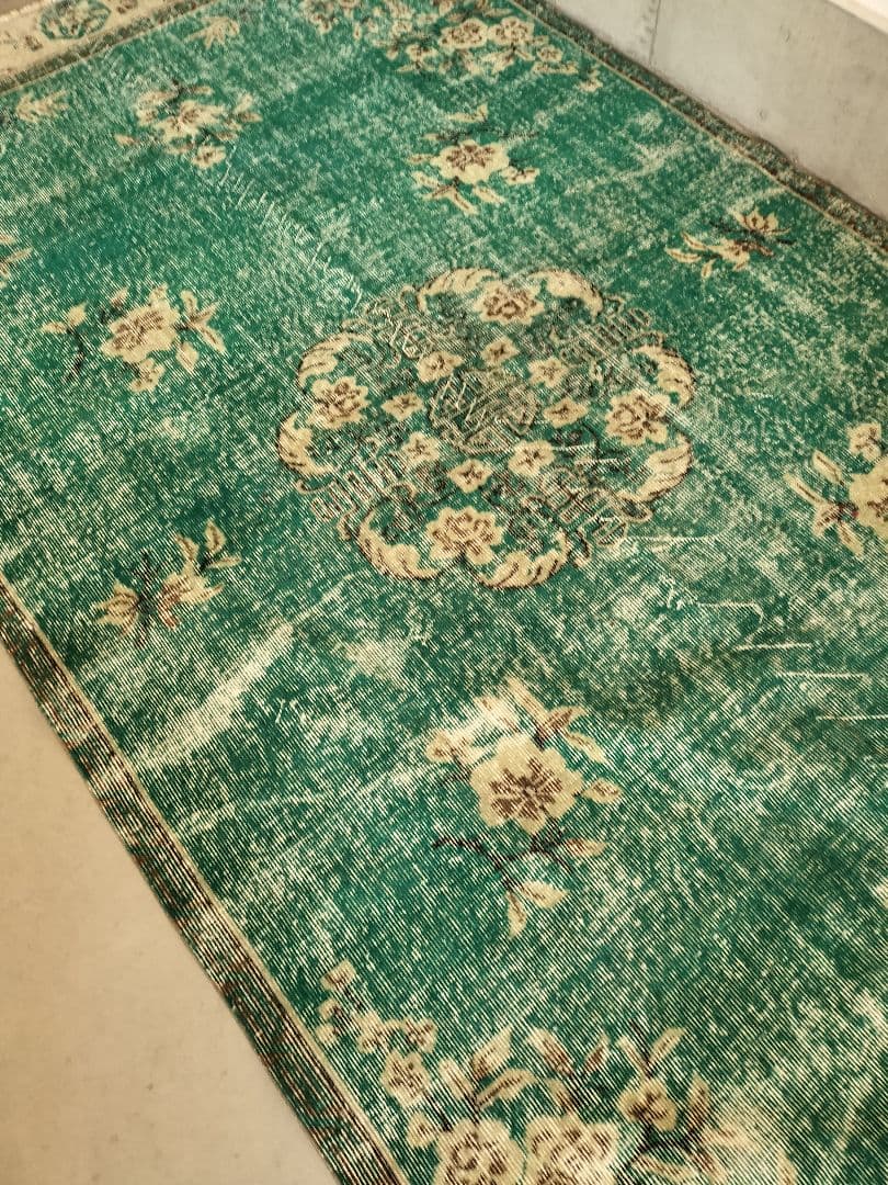 超大判/エメラルドグリーンのシノワズリラグ　トリコヴィンテージラグ　No586