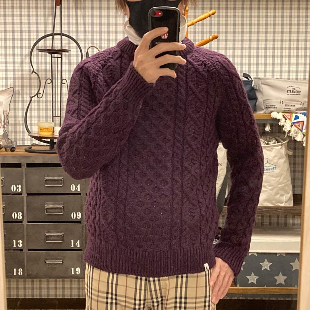 ペレグリン アランケーブルクルーネックニット パープルケーブルニット　イギリス製