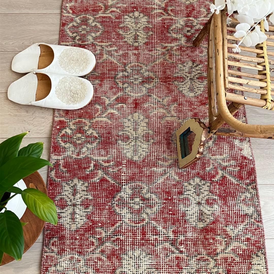 超ロング　シャビーレッド56×290✳︎紋章柄　ランナー　トルコヴィンテージラグ