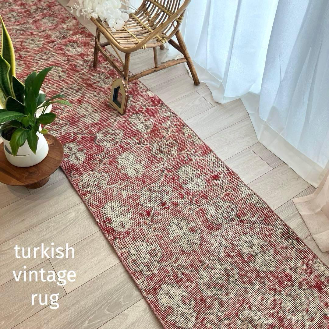 超ロング　シャビーレッド56×290✳︎紋章柄　ランナー　トルコヴィンテージラグ