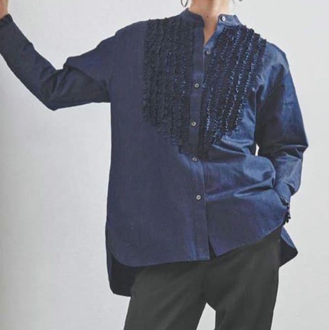 ユナイテッドアローズ UGCS フリル スタンドカラーシャツ NAVY リネン