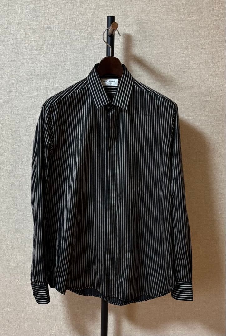 サンローラン 19ss 黒金ストライプシルク混シャツ