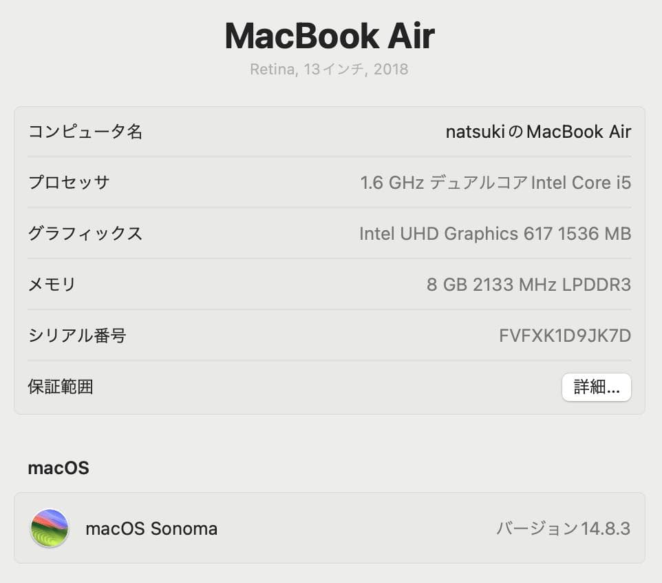 MacBook本体 MacBook Air Retina 13-inch 2018 8GB 256G