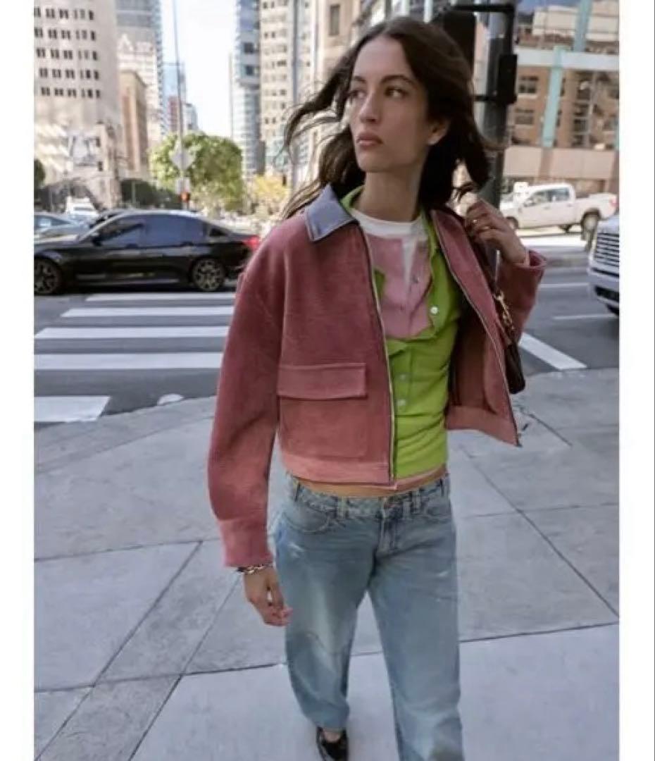 タグ付き新品★ZARAのコーデュロイフェイクレザー襟ジャケット★M★マルサラ色