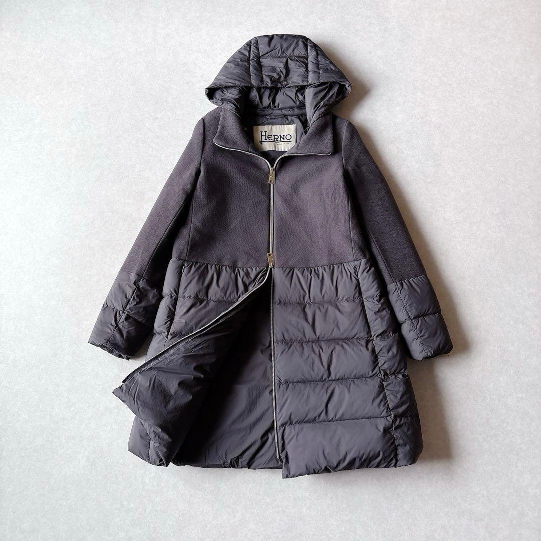 美品★HERNO｜定価21万 ウール 異素材切替 ロングダウン グレー 44