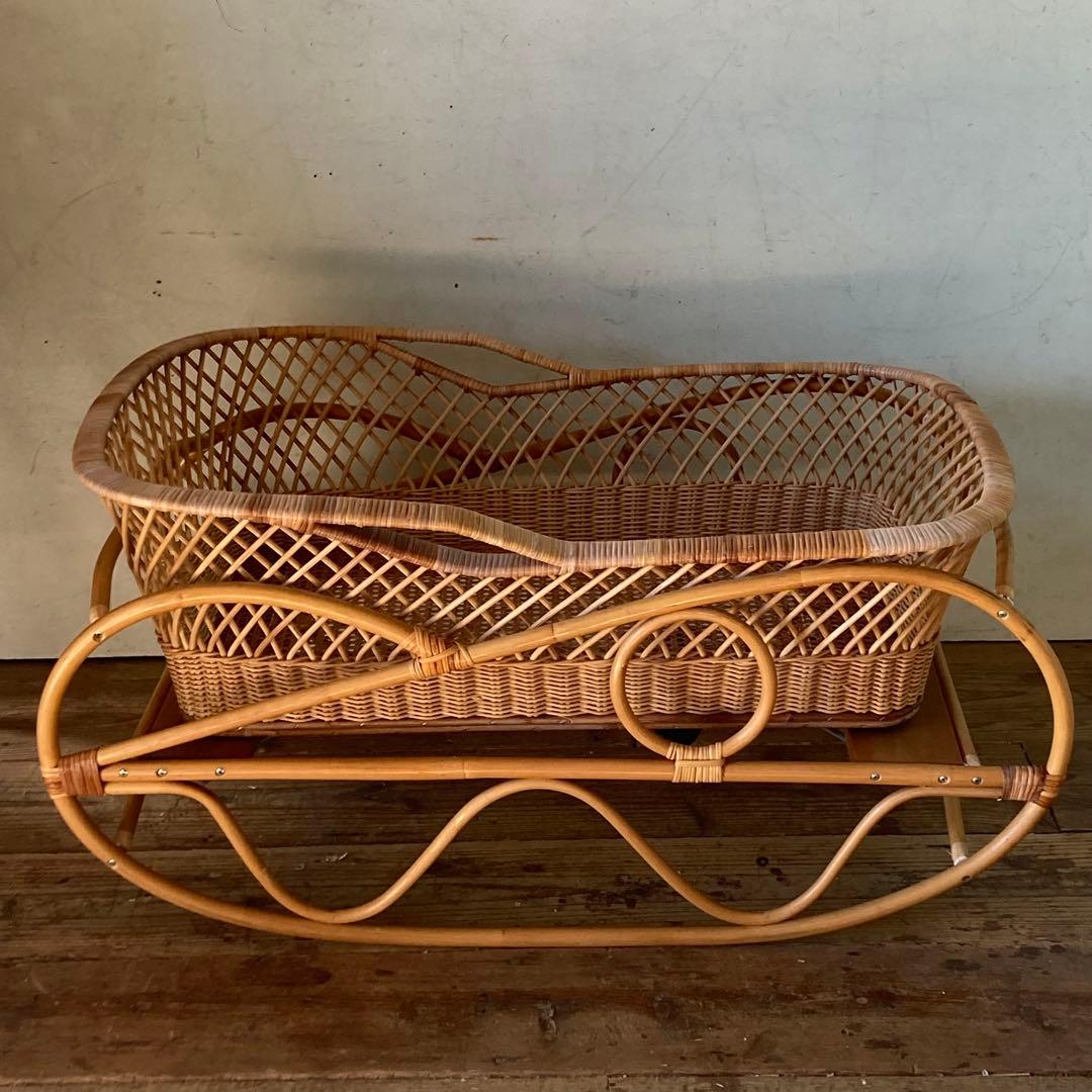 ヴィンテージラタン ベビーベッド 折り畳み キャスター クーファン アンティーク