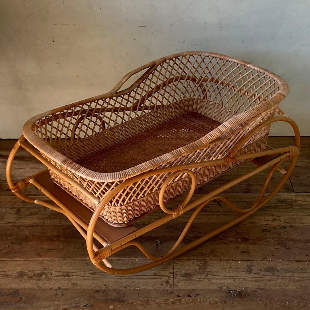 ヴィンテージラタン ベビーベッド 折り畳み キャスター クーファン アンティーク