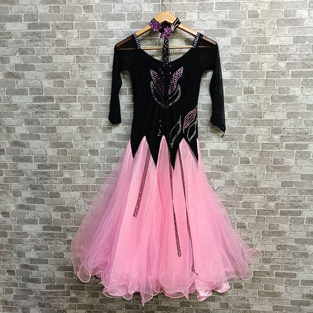【ステージ衣装】ラインストーンフリルドレス黒とピンク社交ダンス女性M寸d66