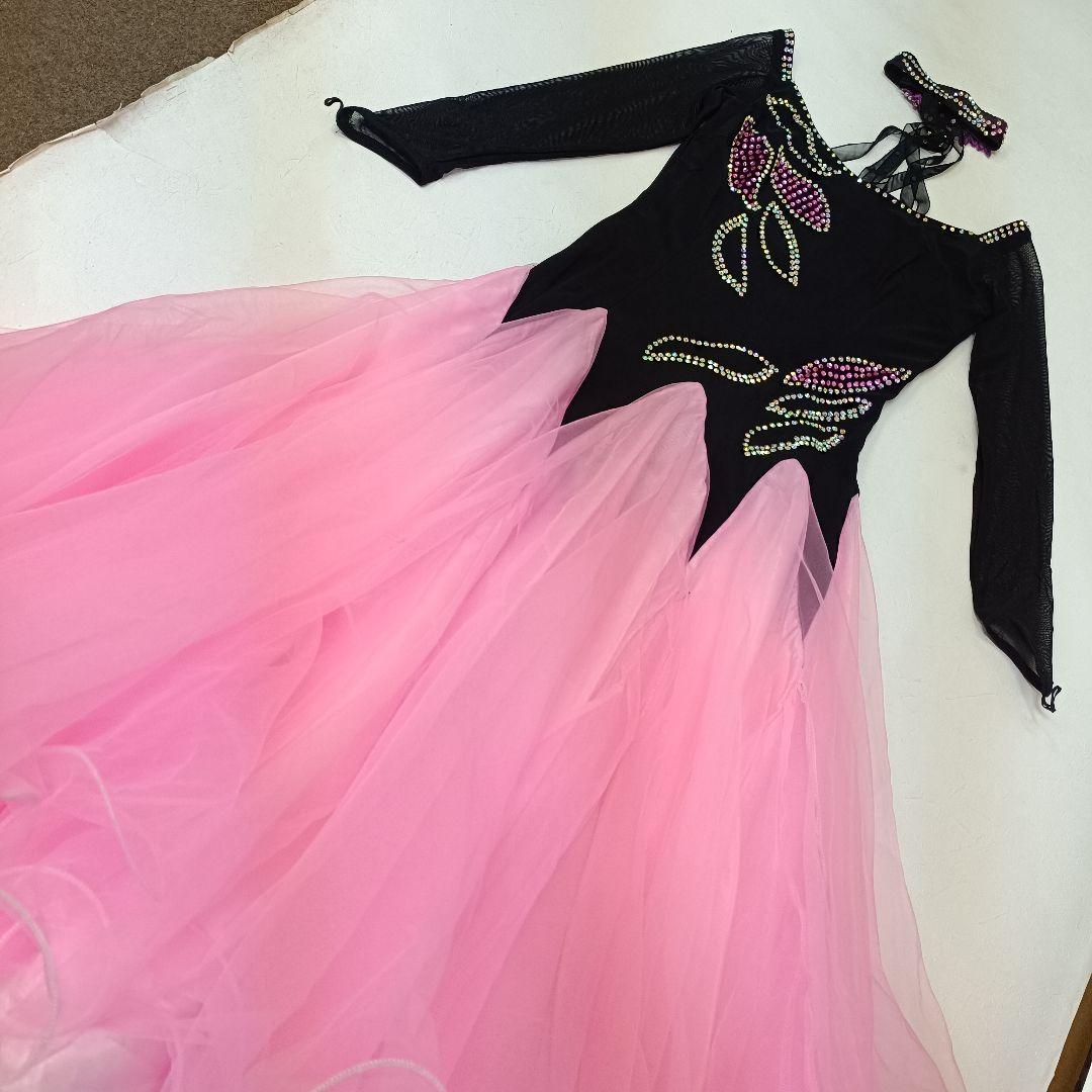 【ステージ衣装】ラインストーンフリルドレス黒とピンク社交ダンス女性M寸d66