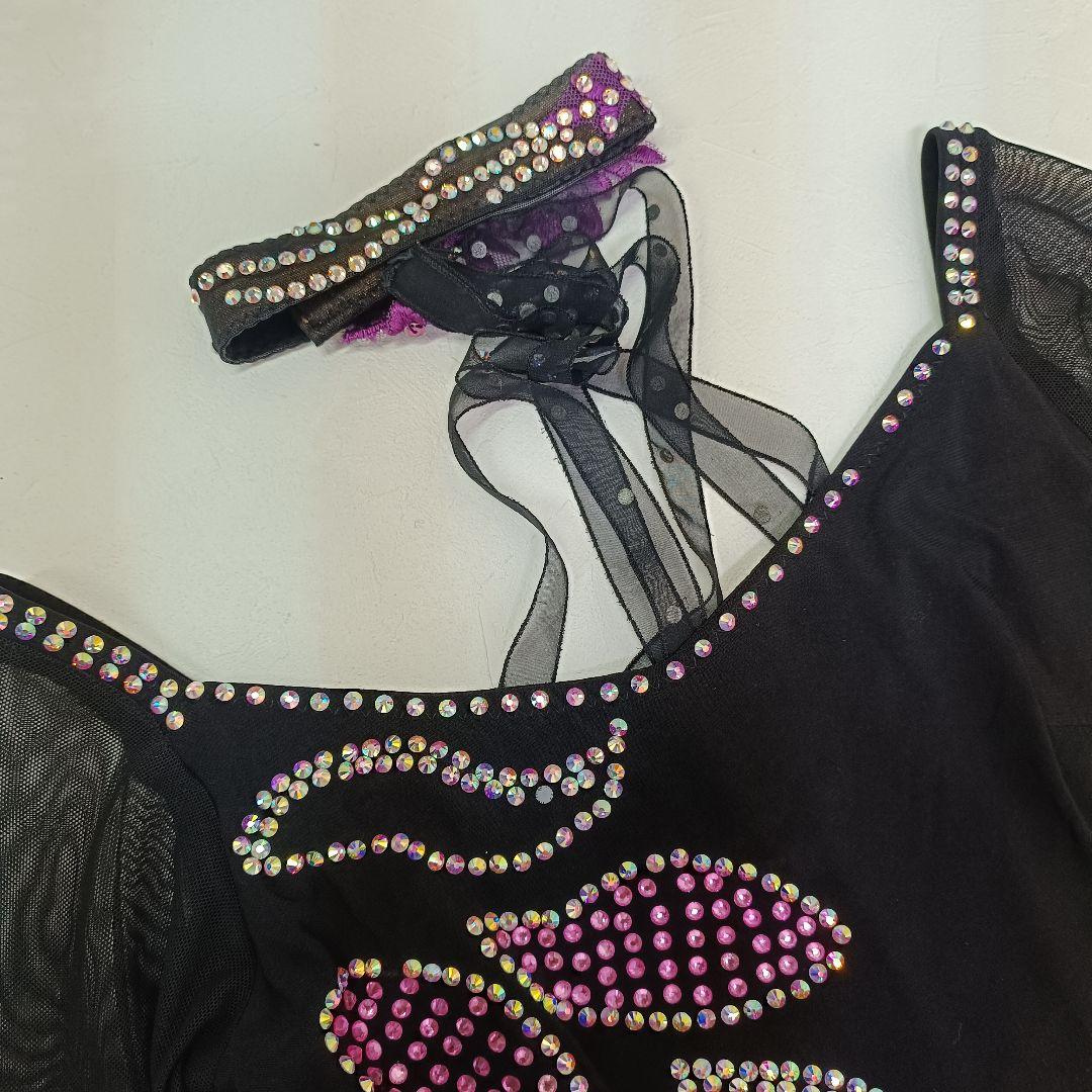 【ステージ衣装】ラインストーンフリルドレス黒とピンク社交ダンス女性M寸d66