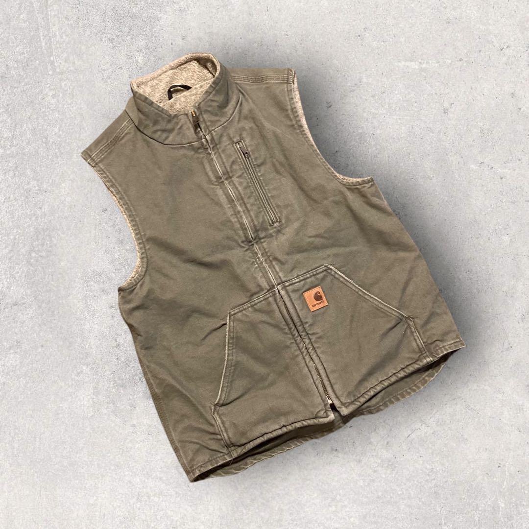 【カーハート】ダック地ベスト　裏ボア　モスグリーン　S 人気カラー　f