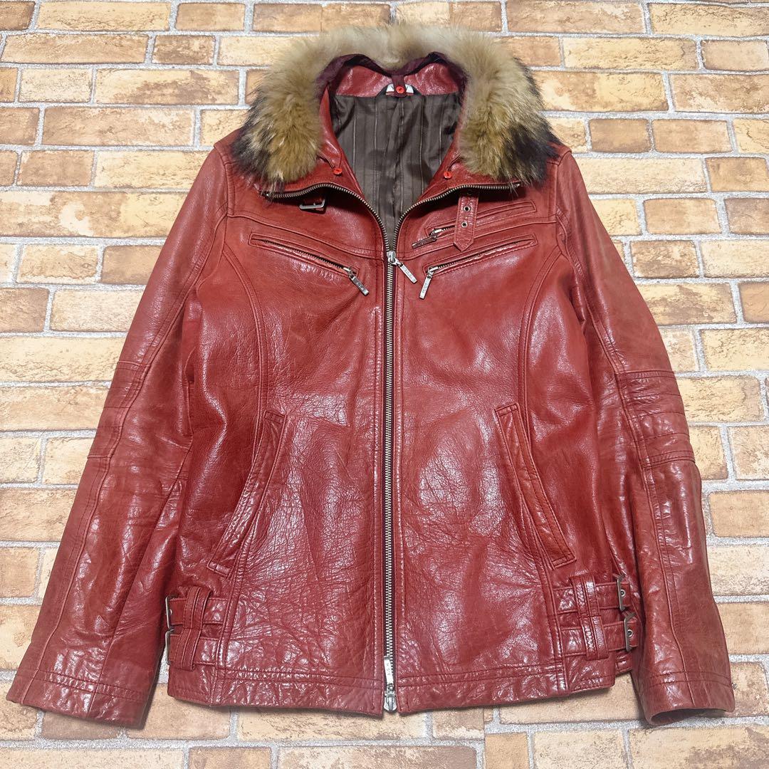 レザージャケット バッファロー 赤 ワインレッド ファー 50 XL Y2K