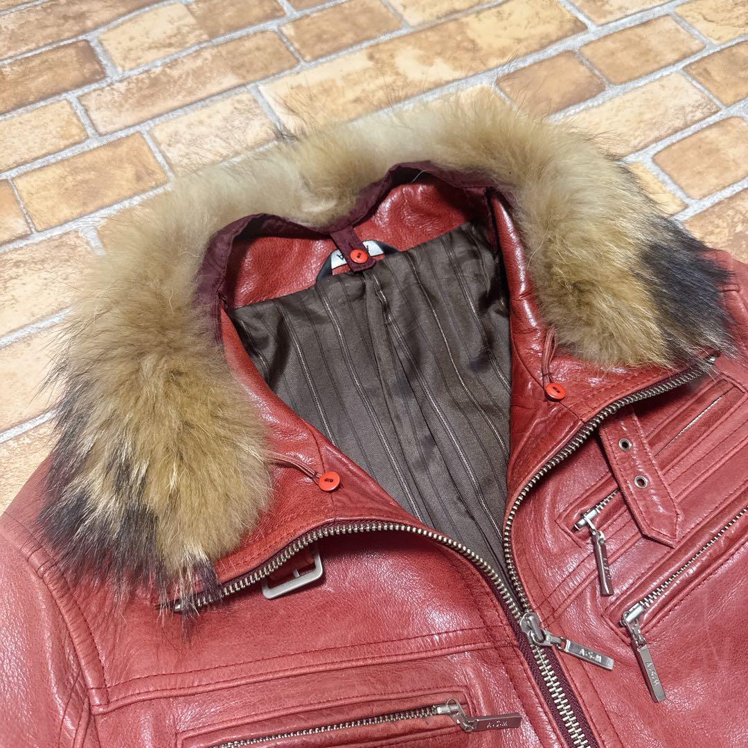レザージャケット バッファロー 赤 ワインレッド ファー 50 XL Y2K