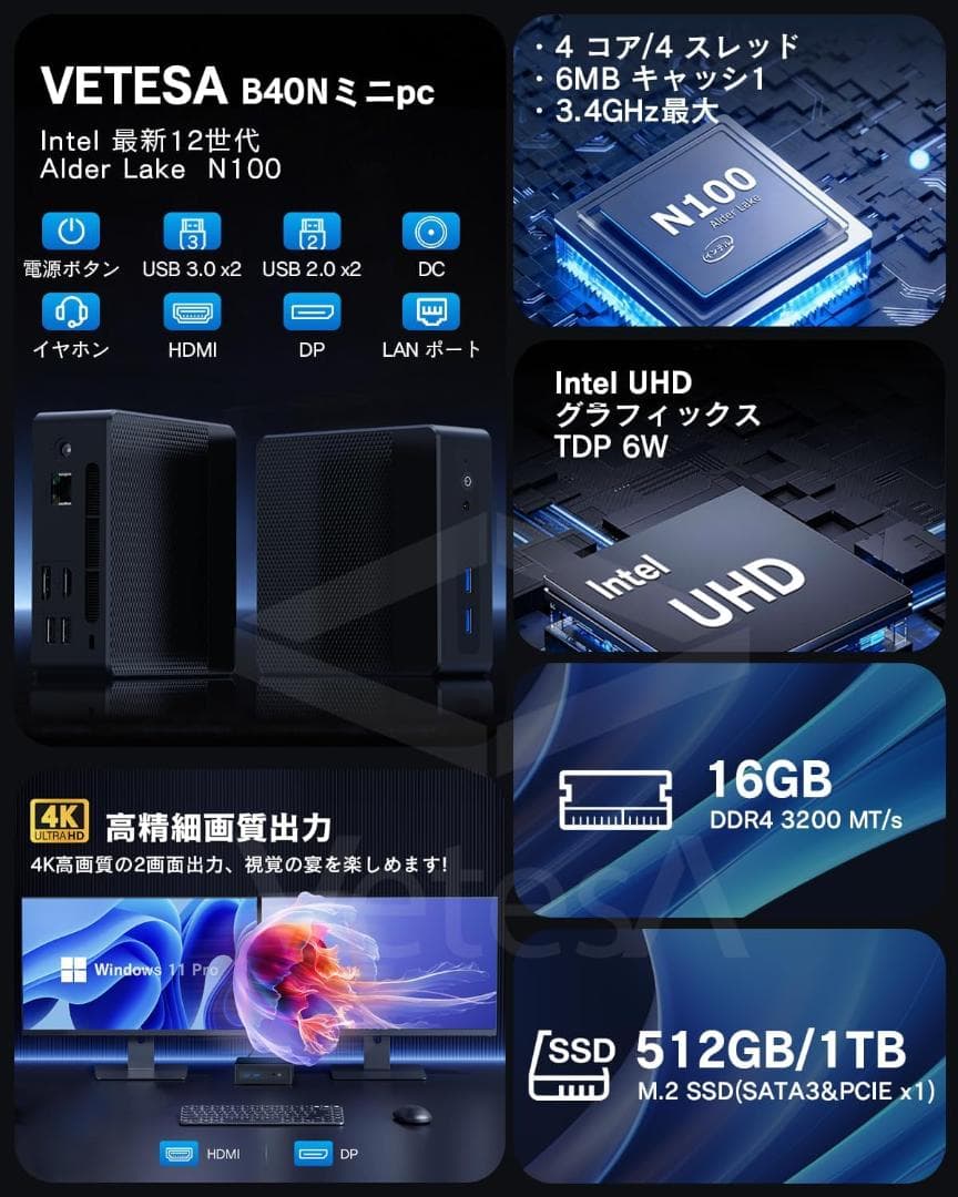 新品 ミニpc n100 小型pc 16GB 512GSSD ミニパソコン