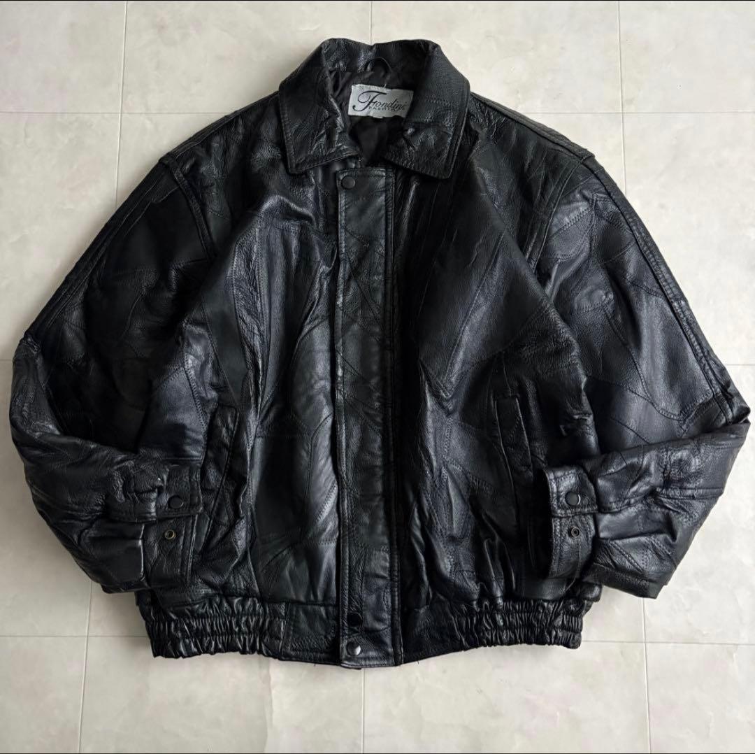 90s vintage レザーパッチワークボンバージャケット 黒My2k