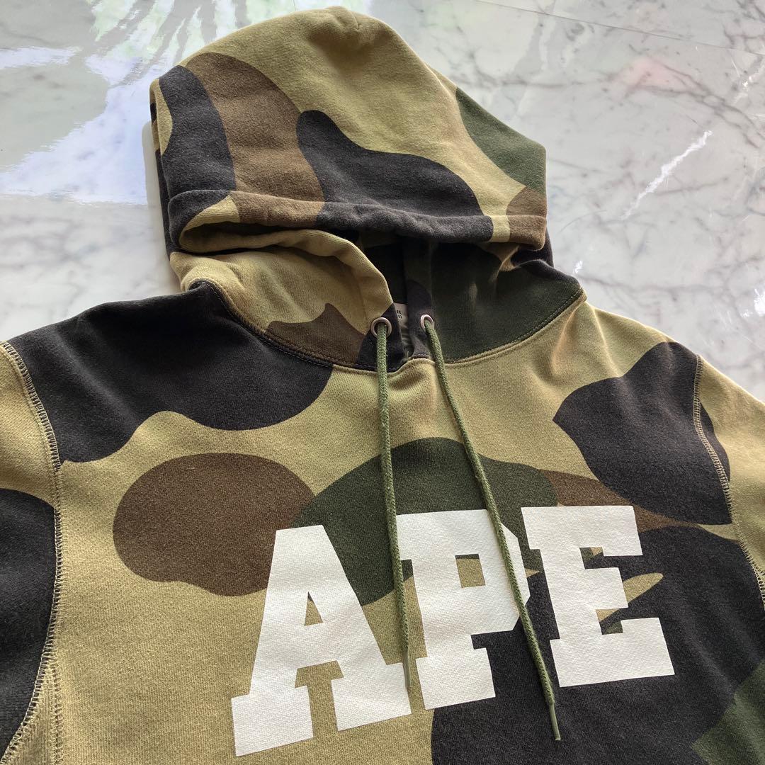【美品】A BATHING APE 迷彩カモ パーカー L 日本製 APEロゴ
