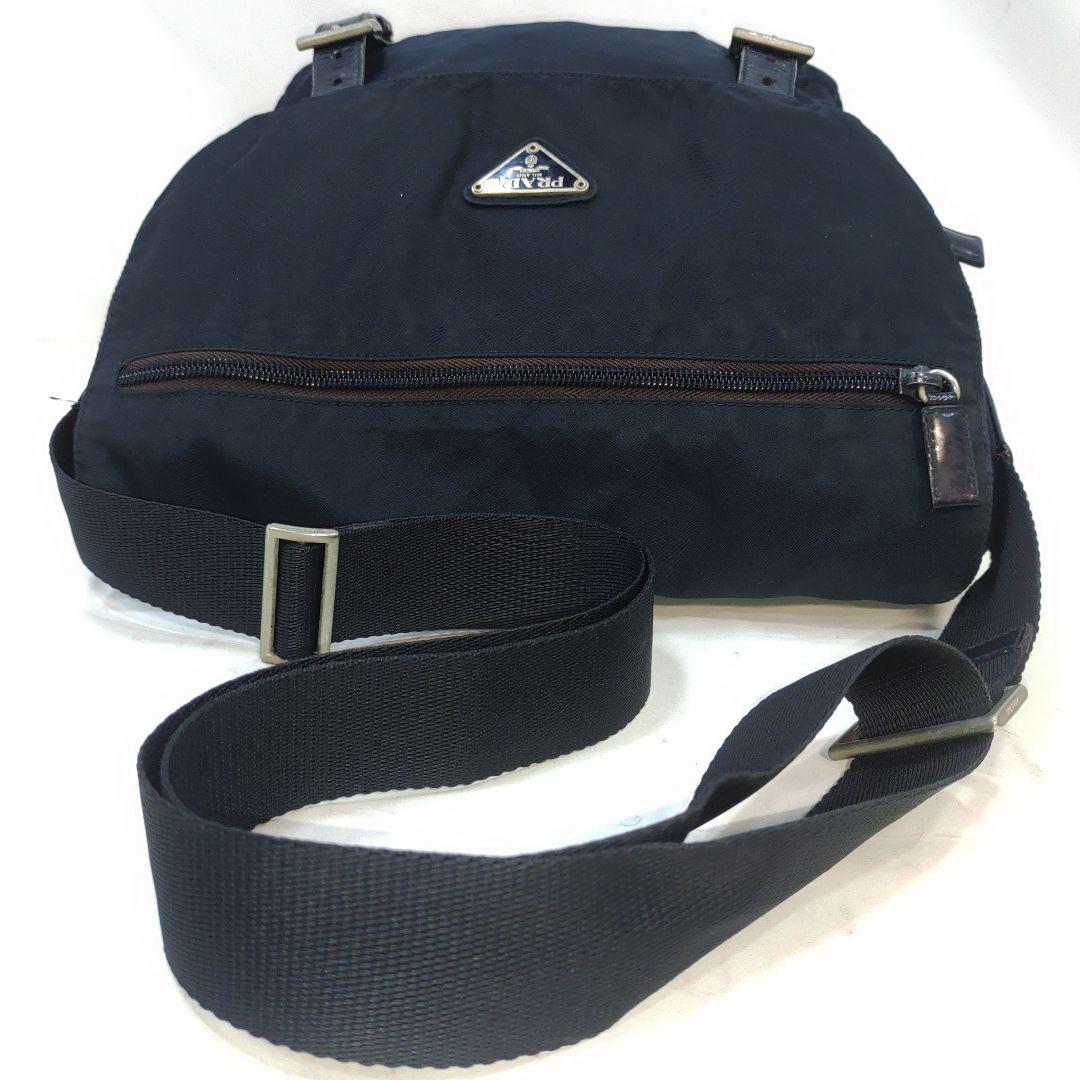 プラダ メッセンジャーバッグ レザー×ナイロン 三角ロゴ ベルト ネイビー