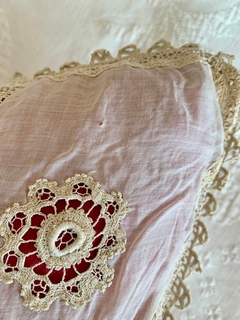 フランスアンティークコットンカバーxシルククッションロココリボン ・モチーフ装飾