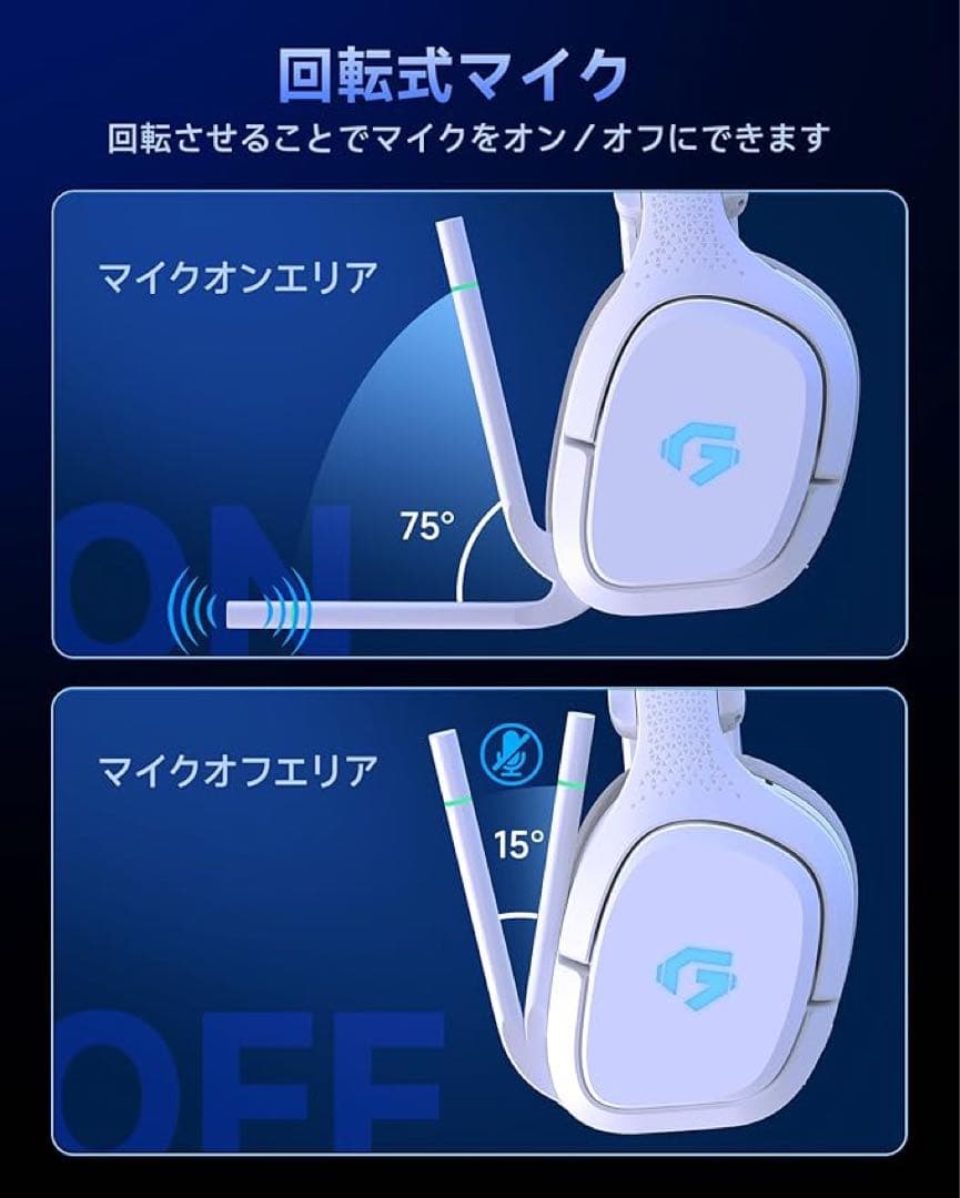ゲーミングヘッドセット 2.4GHzホワイト　ワイヤレス接続、ゲームヘッドホン