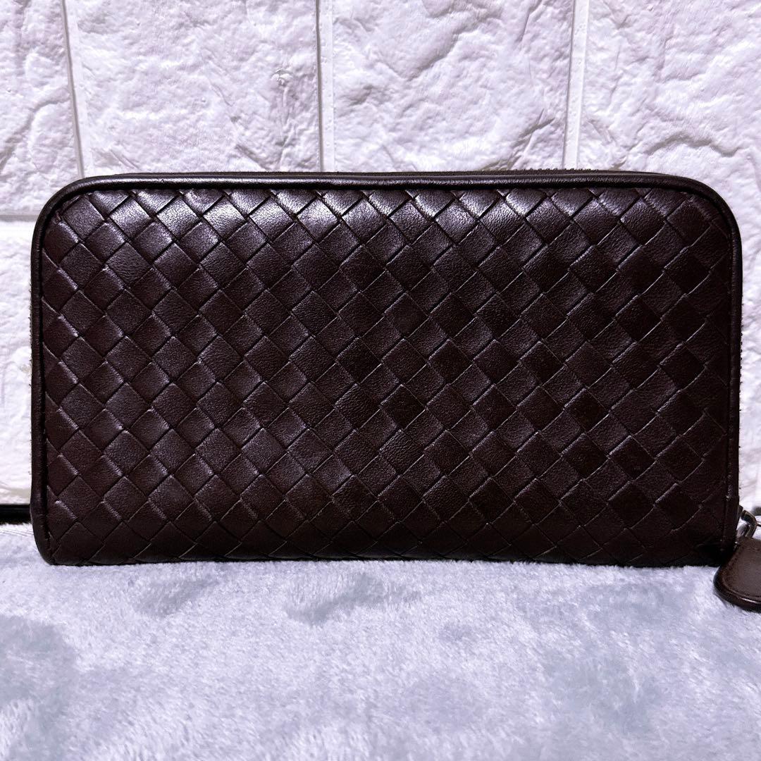 【美品】ボッテガヴェネタ 長財布 ラウンド イントレチャート ブラウン メンズ