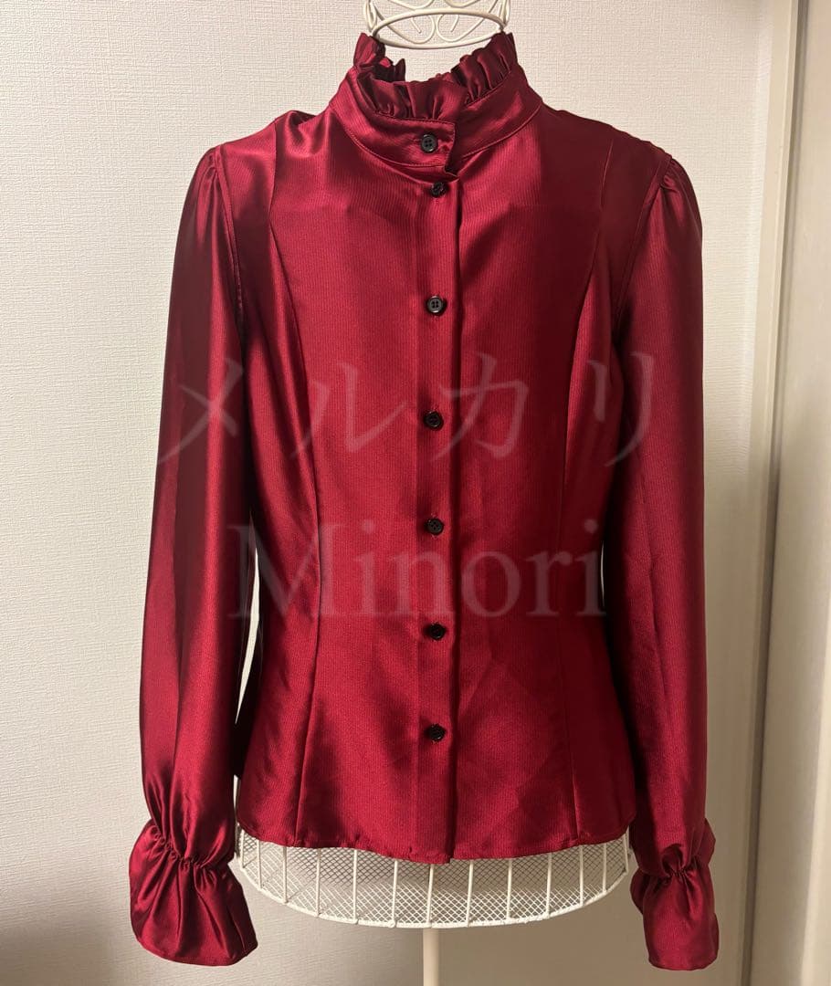 モワティエ ストライプジャボ付きブラウス ボルドー 9号 送料込 美品