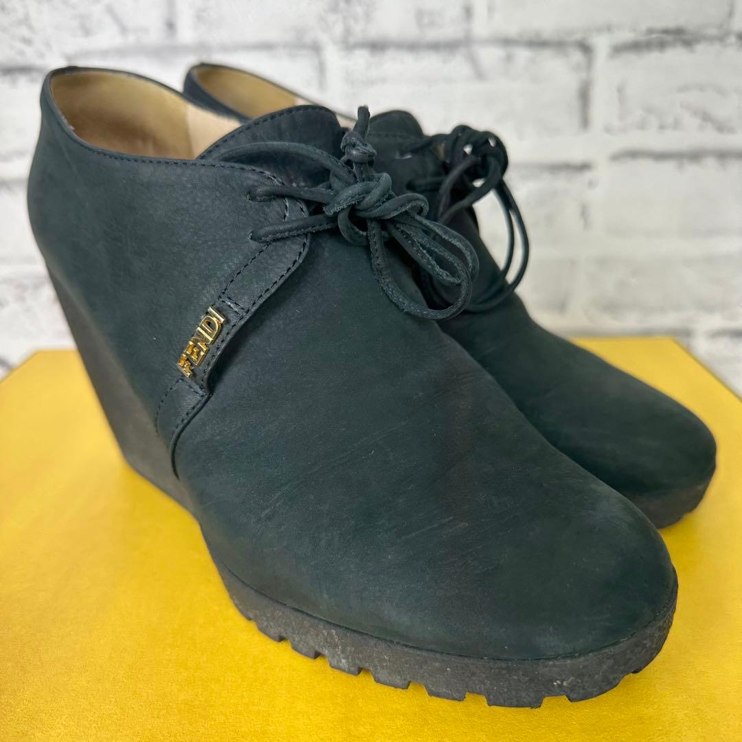 美品✨FENDI フェンディ ウェッジソール ブーティ ブーツ ロゴ金具 37