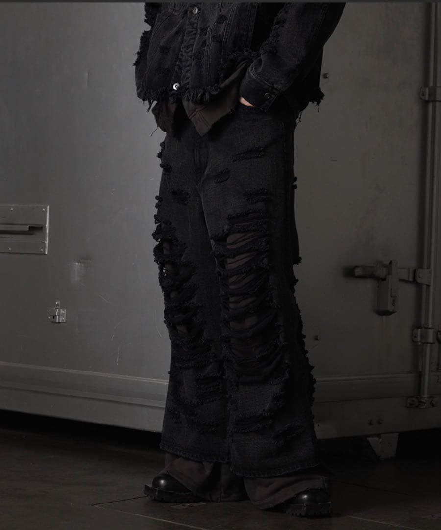 【GRANCY 】スウェットドッキングデザインダメージバギーデニムパンツ M