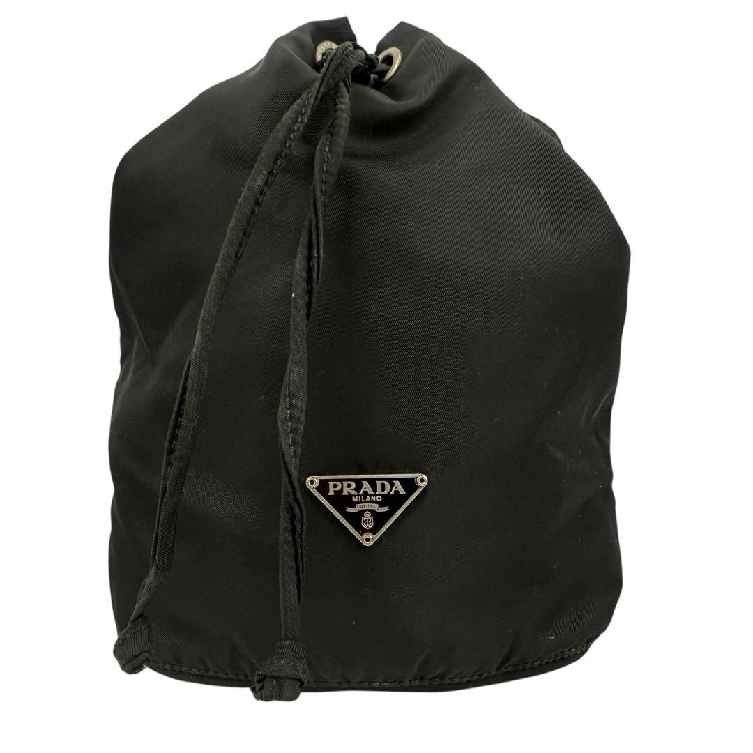 【美品】PRADA プラダ 巾着ポーチ 三角ロゴ ナイロン ブラック 黒 白タグ