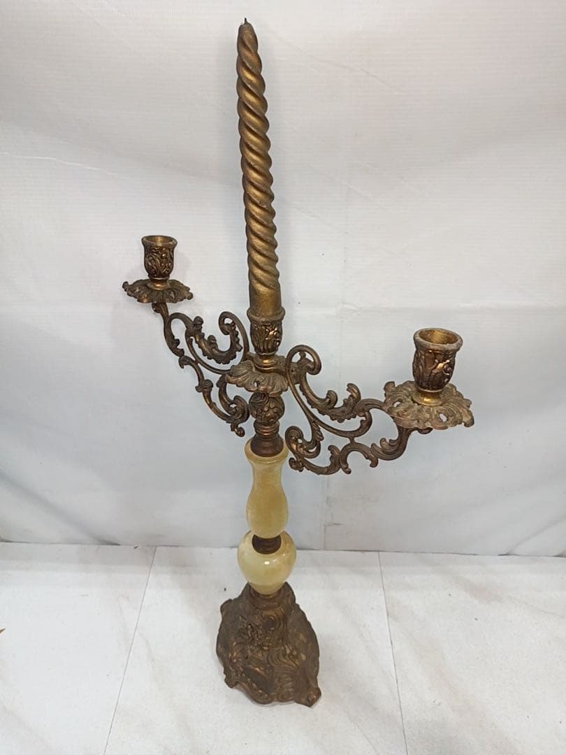 [八6564] 真鍮製　大理石 燭台 キャンドルスタンド