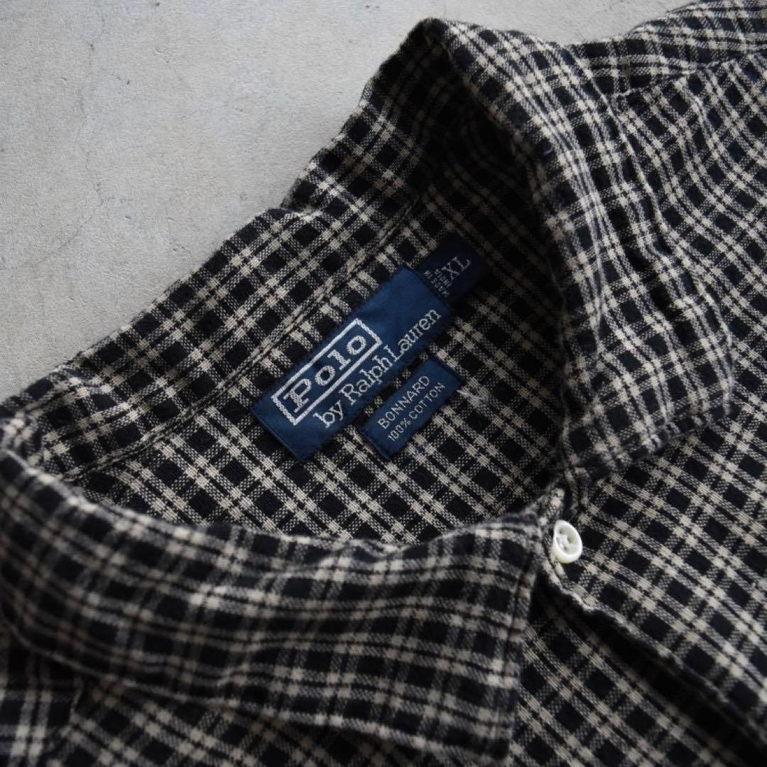 90s ラルフローレン BONNARDチェック長袖シャツ 完全無地 黒 ボックス