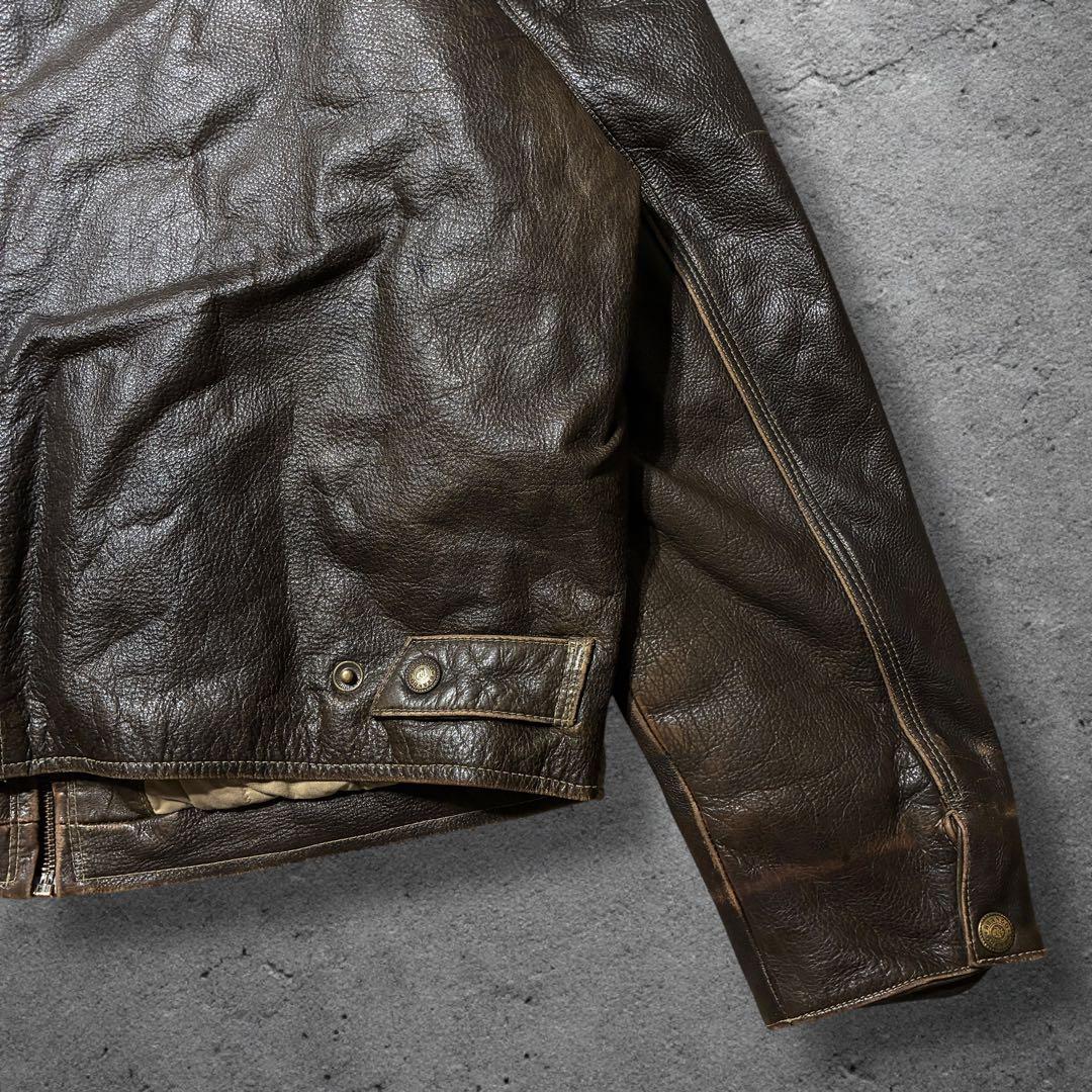 雰囲気◎レザードリズラーブラウンXLジップアップ短丈エイジングシングルライダース