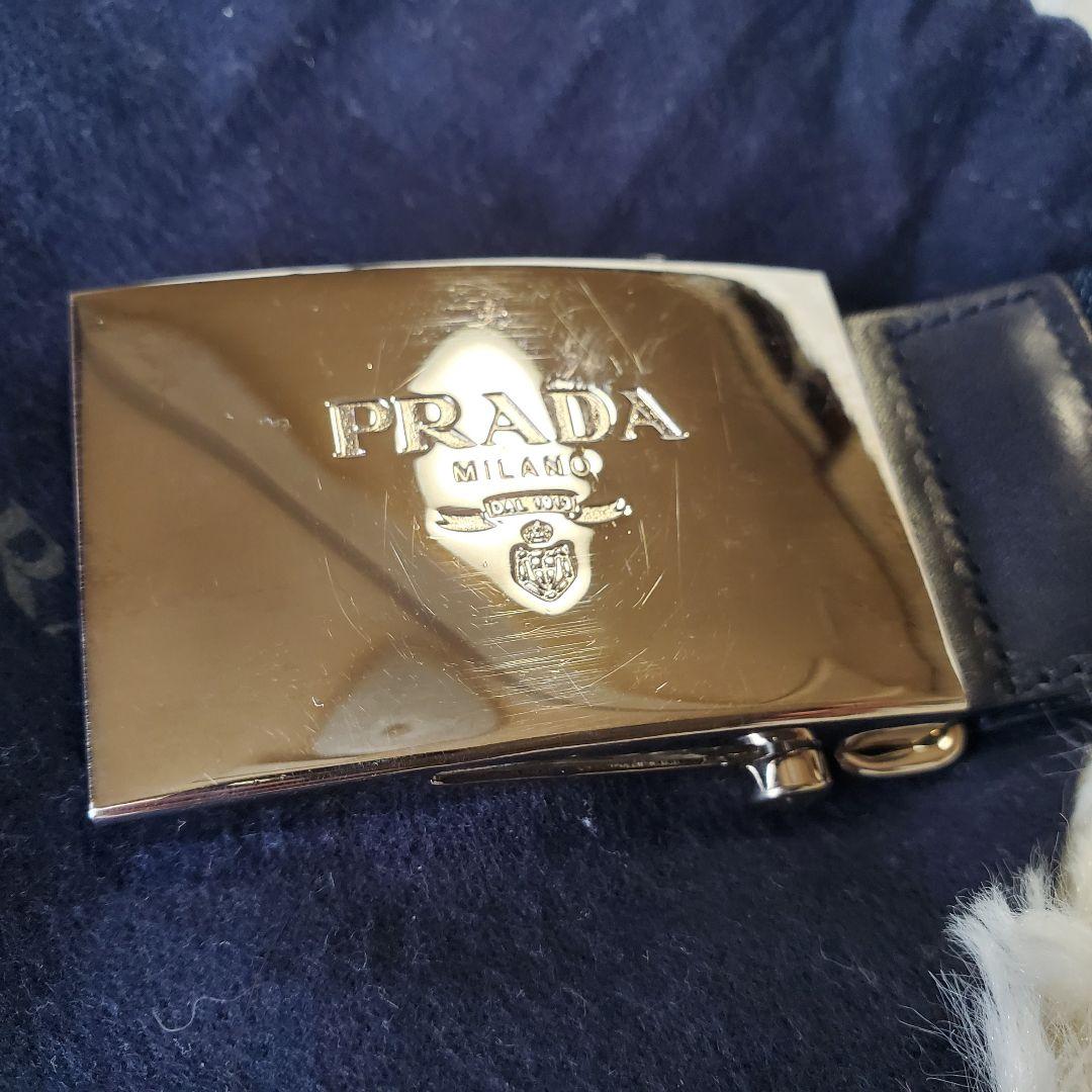 PRADA プラダ ガチャ ベルト ネイビー シルバーバックル ロゴ刻印