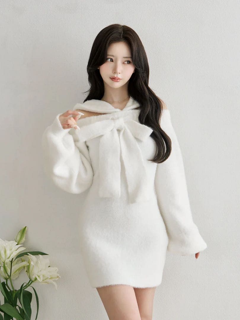 フーディーオフショルニットミニワンピース