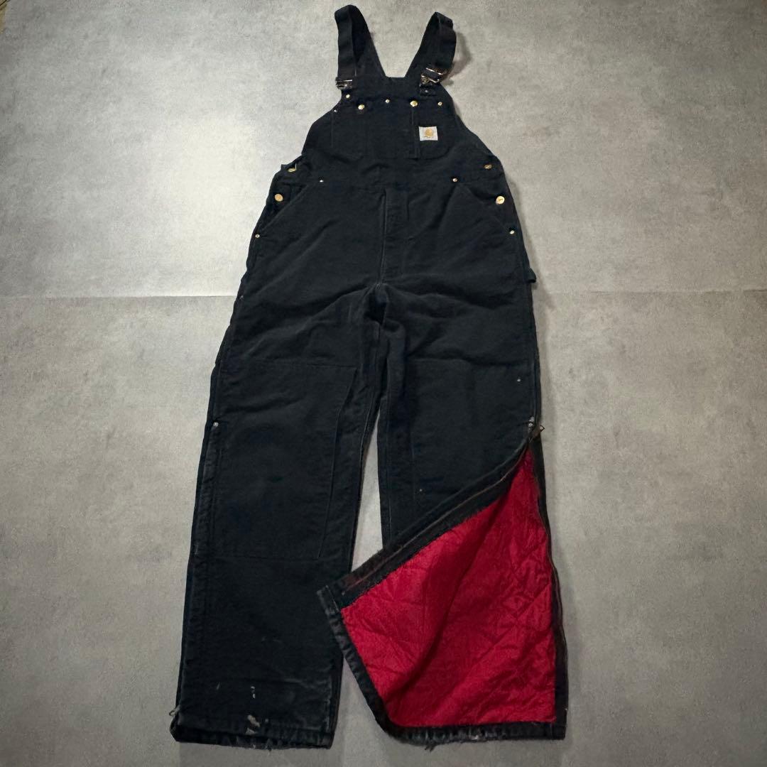 カーハートW36 黒ダック ダブルニーオーバーオール 中綿キルティング 裾ジップ