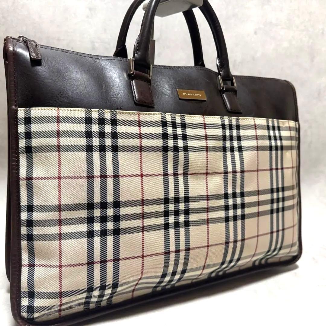 バーバリー　ビジネスバック　ノバチェック　ブラウン　ロゴプレート　A4◎