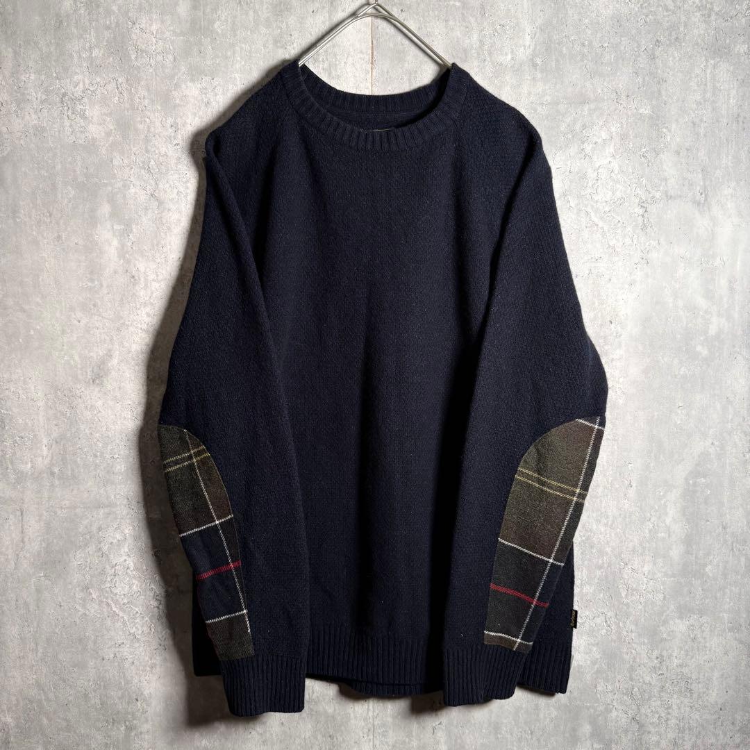 ⭐️希少⭐️バブアー Barbour ニット L アームパッチ チェック ウール 紺