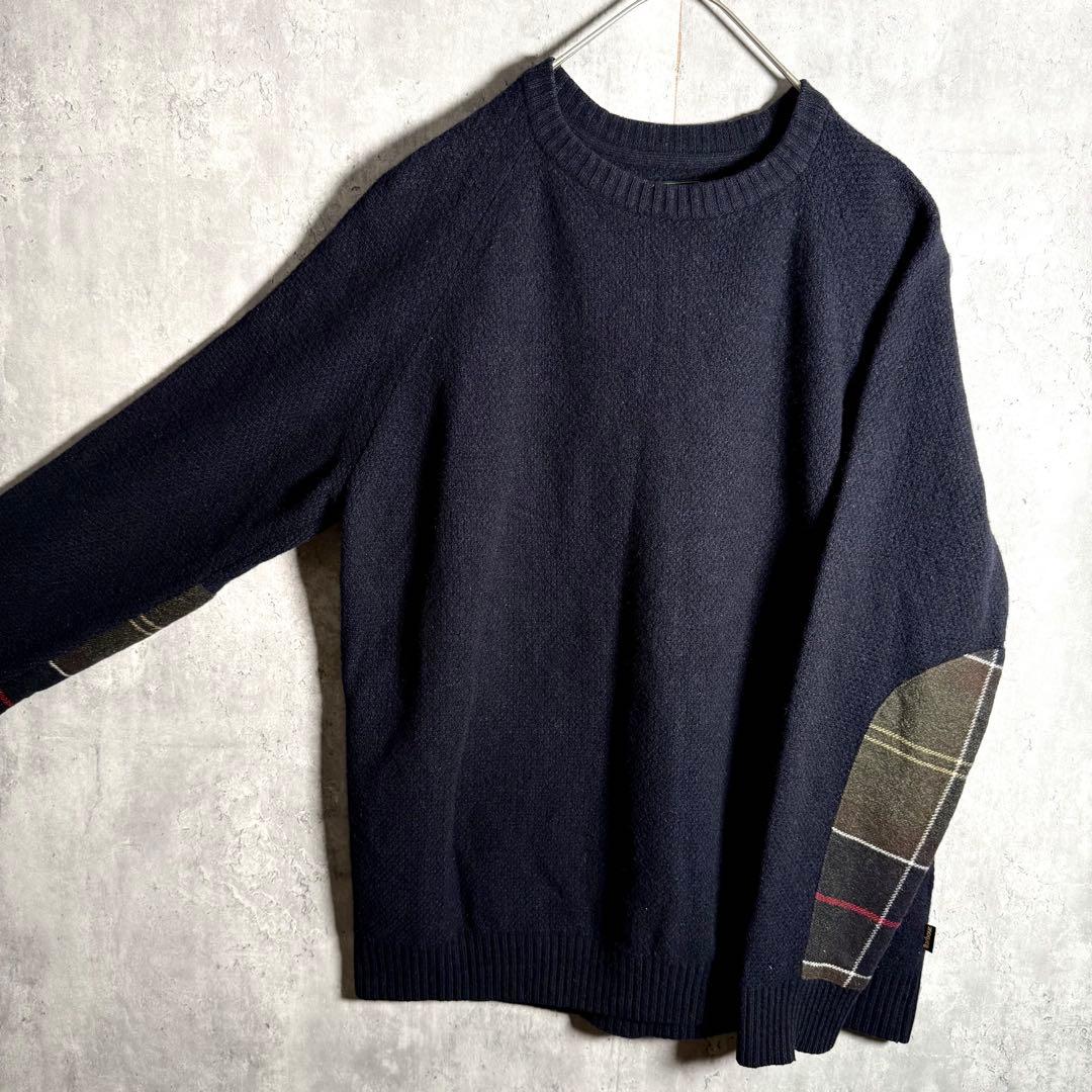 ⭐️希少⭐️バブアー Barbour ニット L アームパッチ チェック ウール 紺