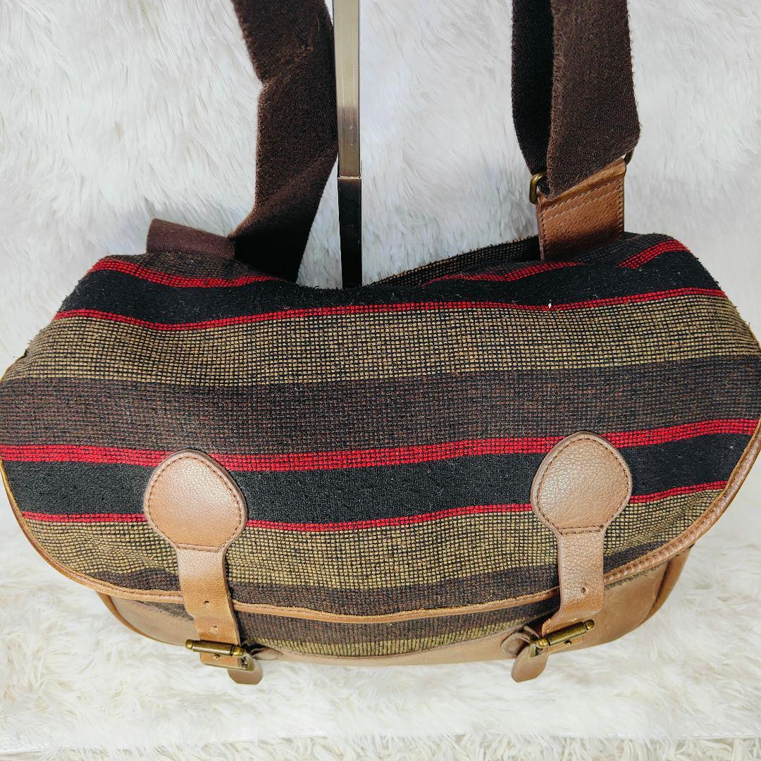 エルエルビーン 90年代ツイードレザー メッセンジャーバッグ　茶　ボーダー