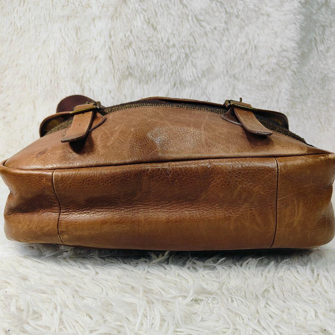 エルエルビーン 90年代ツイードレザー メッセンジャーバッグ　茶　ボーダー