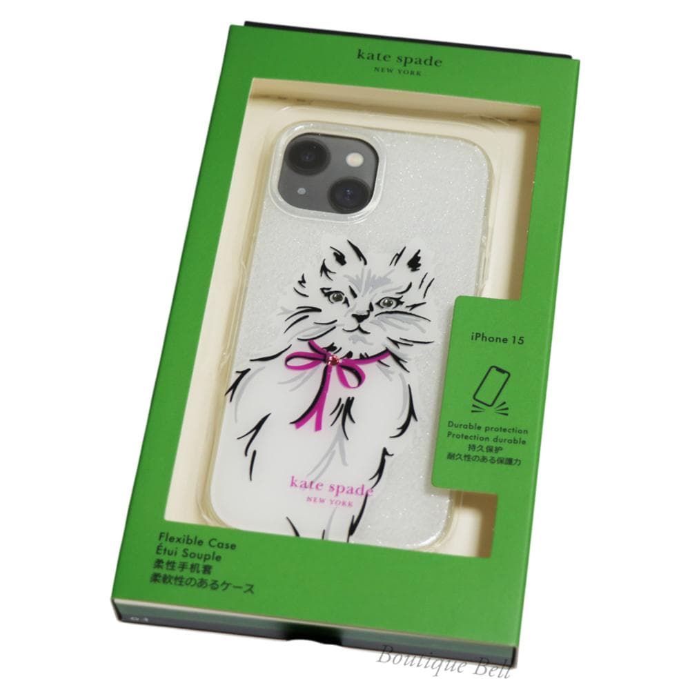 【ケイトスペード】ウィスカーズ 猫 iPhone15ケース ホワイト