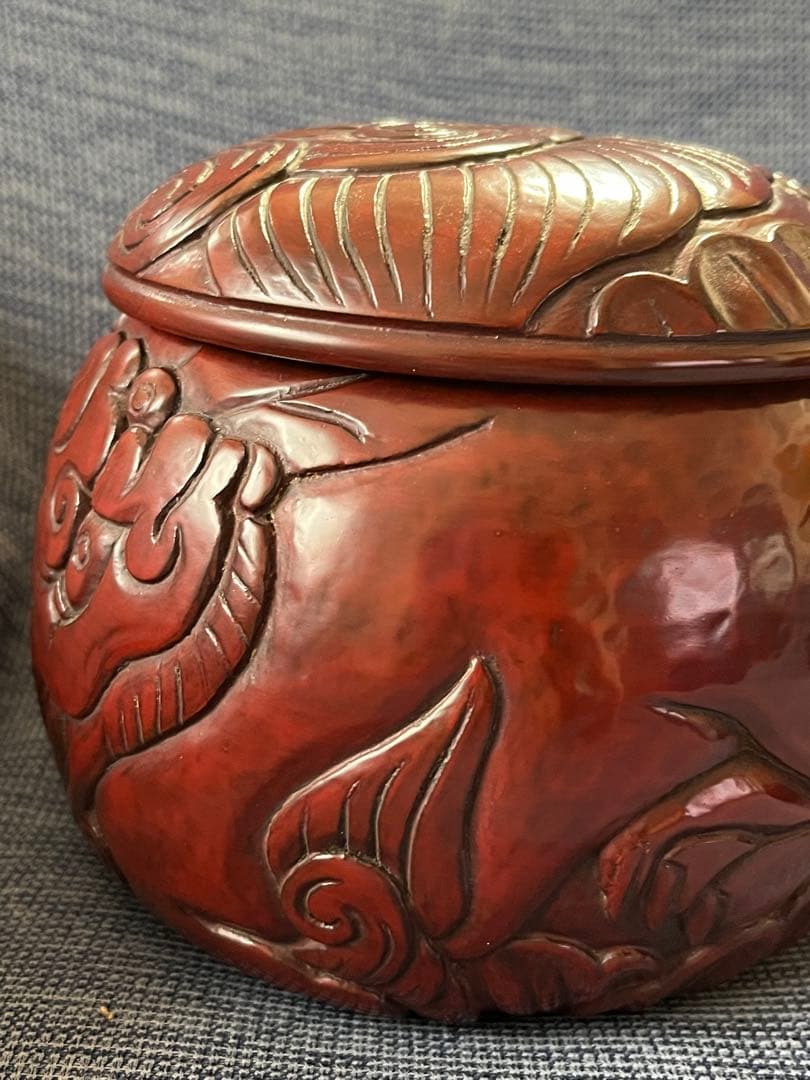 ハンドメイド　碁器　獅子牡丹　鎌倉彫　木星　漆塗り