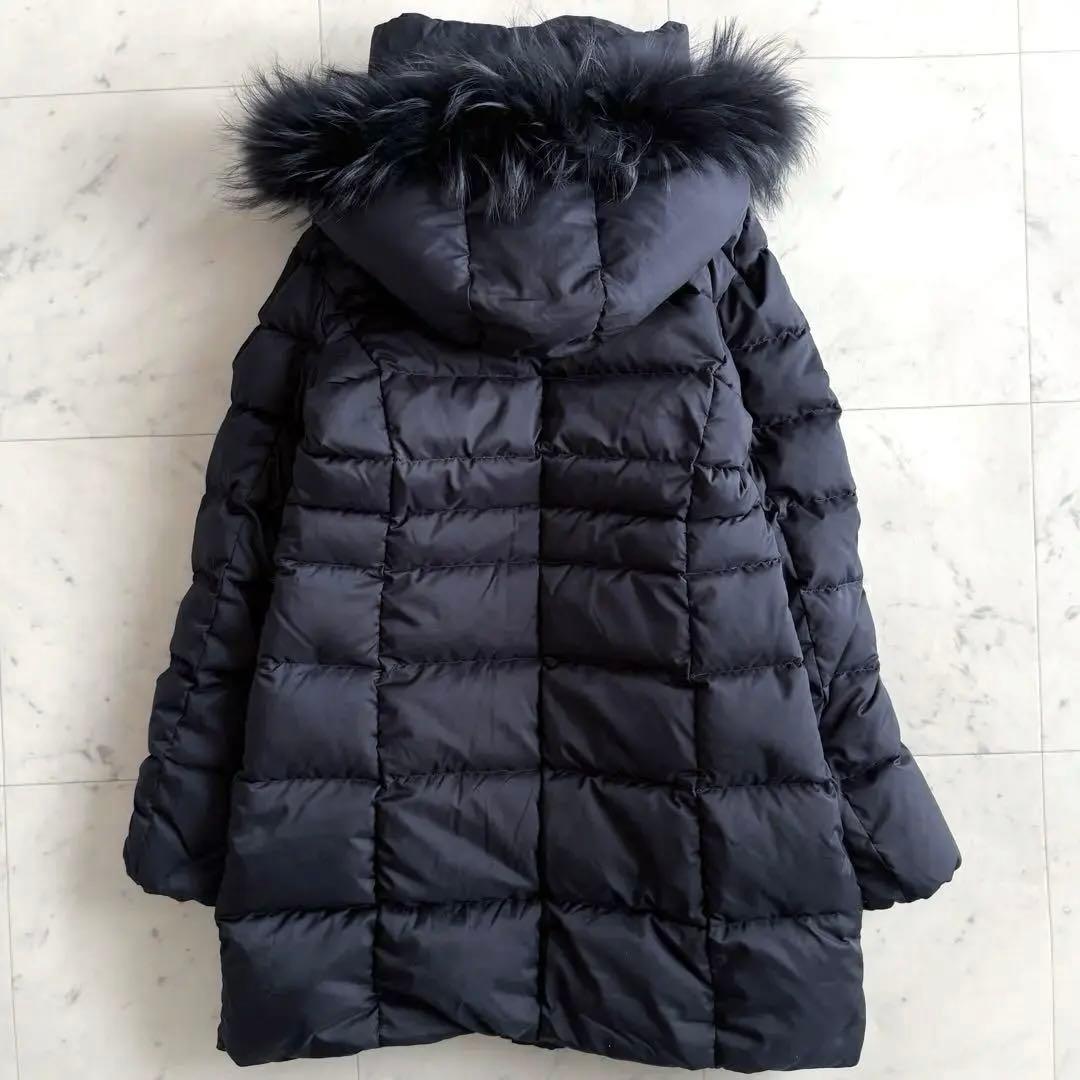 美品 インディヴィ フォックスファー フード ダウンコート◆ネイビー